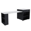 Black Expandable Kitchen Island with Marble-Grain Countertop, Power Outlet, Mobile Storage Cart with Cabinet & 2 Drawers, 80-Inch Dining Table