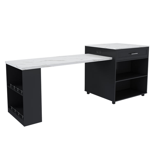 Black Expandable Kitchen Island with Marble-Grain Countertop, Power Outlet, Mobile Storage Cart with Cabinet & 2 Drawers, 80-Inch Dining Table