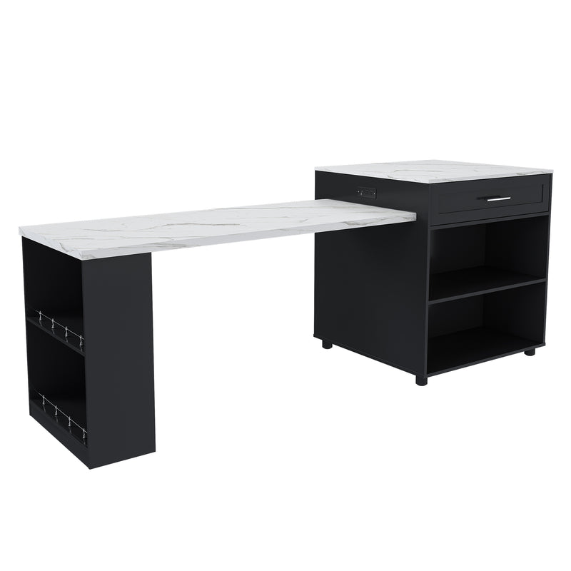 Black Expandable Kitchen Island with Marble-Grain Countertop, Power Outlet, Mobile Storage Cart with Cabinet & 2 Drawers, 80-Inch Dining Table