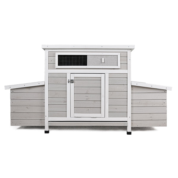 Large Wooden Chicken Coop Outdoor Hen House with 2 Sides Nesting Boxes in Gray+White Matte Wood, 57.87 x 33.86 x 30.55 inches
