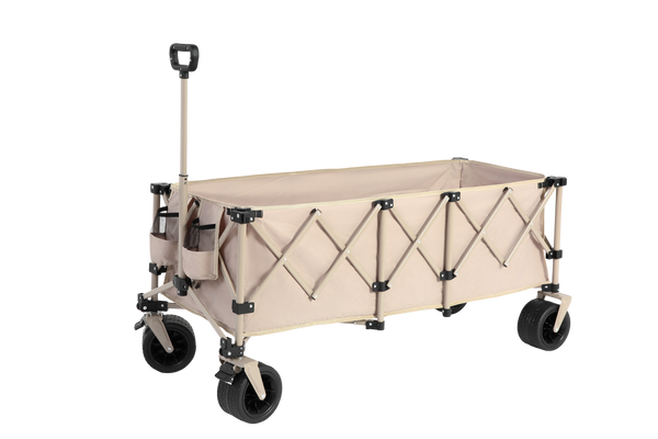 Foldable Extended Wagon with 220lbs Weight Capacity, Heavy Duty 300L Folding Utility Garden Cart with Big All-Terrain Beach Wheels & Drink Holders. Beige