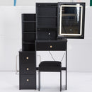 29.2' Small Size Left Bedside Cabinet Vanity Table + Cushioned Stool, Large Sliding, Touch Control, Tri-color Switching, Brightness Adjust LED Mirror, High Capacity Storage, Suitable for Small Space