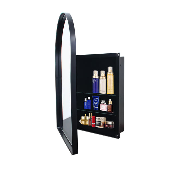 Matte Black Metal Framed 24x36 Inch Arched Recessed Medicine Cabinet with Mirror and Adjustable Shelves