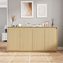 4 Door Sideboard Buffet Cabinet with Power Outlet, Wavy Texture Accent Cabinet with No-Handle Design (Door Top Edge Opening), Freestanding Storage Cabinet for Dining Room Living Room Entryway Natural