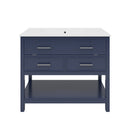 Blue 36' Bathroom Vanity with Ceramic Sink, 2 Full-Extension Drawers, Tip-Out Tray, Silver Pulls, Soft Close Slides, Open Shelf, MDF Construction