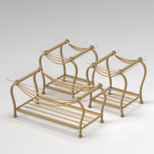 Tempered Glass Surface 3-Piece Coffee Table Set Decor Rectangle Coffee Table with 2 Square End Side Table Unique Design Coffee Table with Sturdy Construction for Living Room (Elegant gold)