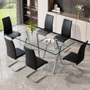 Tempered Glass Dining Table Set for 6, Modern Rectangular Kitchen Table with Electroplated Metal Legs, 6 Black PU Leather Upholstered Dining Chairs with Silver Chrome Base