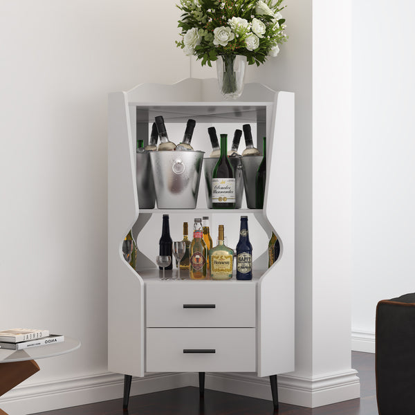 Wooden Corner bar cabinet with 2 open storage shelves and 2 drawers, mirrored back sideboard cabinet, high feet/legs for easy cleaning, buffet cabinet WHITE