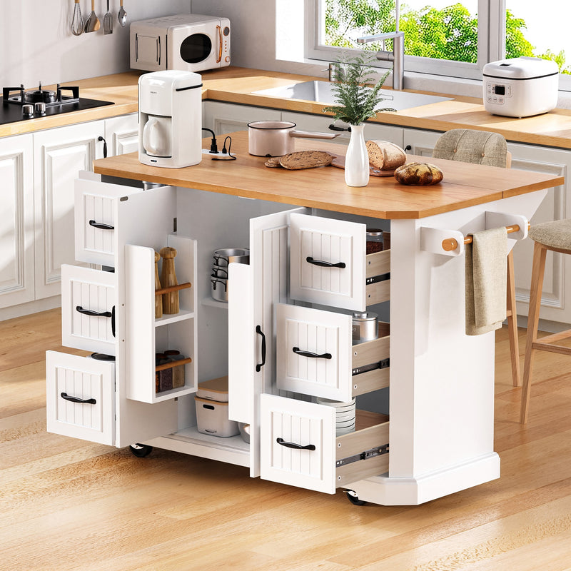 K&K 56 inch Kitchen Island with Rubber Wood Veneer Drop Leaf, Power Outlet, 4 Door Shelves, Embossed Vertical Stripe Rolling Kitchen Cart on 4 Wheels with 6 Deep Drawers for Kitchen, Dining Room,White