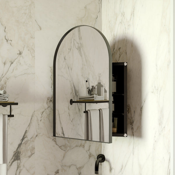 18x24 Inch Metal Corner Medicine Cabinet with Arched Mirror, Adjustable Glass Shelves, Space-Saving Bathroom Storage Organizer for Small Spaces, Matte Black