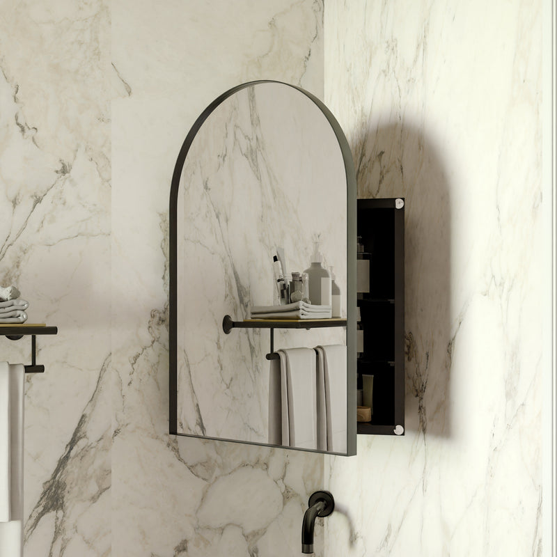 18x24 Inch Metal Corner Medicine Cabinet with Arched Mirror, Adjustable Glass Shelves, Space-Saving Bathroom Storage Organizer for Small Spaces, Matte Black