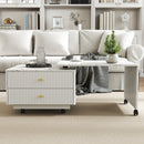Extendable Coffee Table with Storage, Reversible Living Room Table with 2 Drawers and with 6 Wheels, White