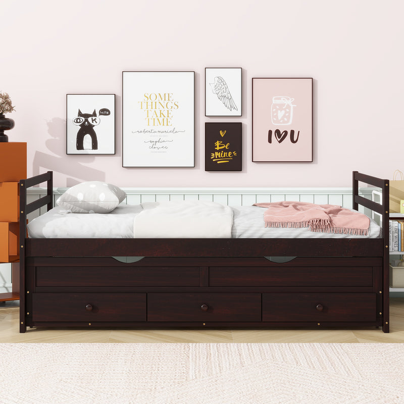 Twin Size Bed with Headboard, Footboard, Trundle and Three Storage Drawers, Twin Size Pine Wood Bed with Headboard, Footboard,Espresso