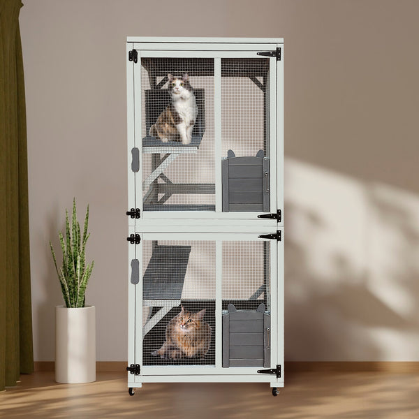 30.7'  Wooden Catio Outdoor Cat Enclosure, Luxury Cat House on Wheels with Napping House, 4 Platforms & Weatherproof Asphalt Roof, Large Kitty Cat Condo Cage Shelter Playpen with Sliding Doors