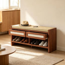 Brown Shoe Bench with Cushioned Seat, 2 Rattan Drawers and Open Storage Shelf
