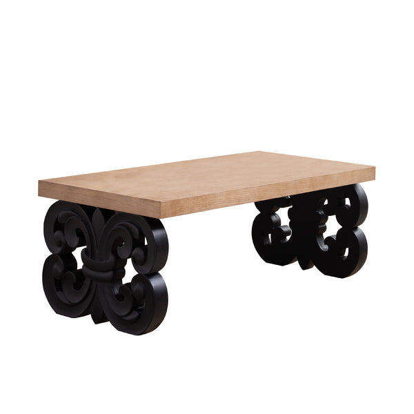 Black Scroll Base Coffee Table – 47' Rectangular Wood Living Room Table with Natural Top – Modern Farmhouse Accent Table – Elegant Centerpiece with Ornate Carved Design