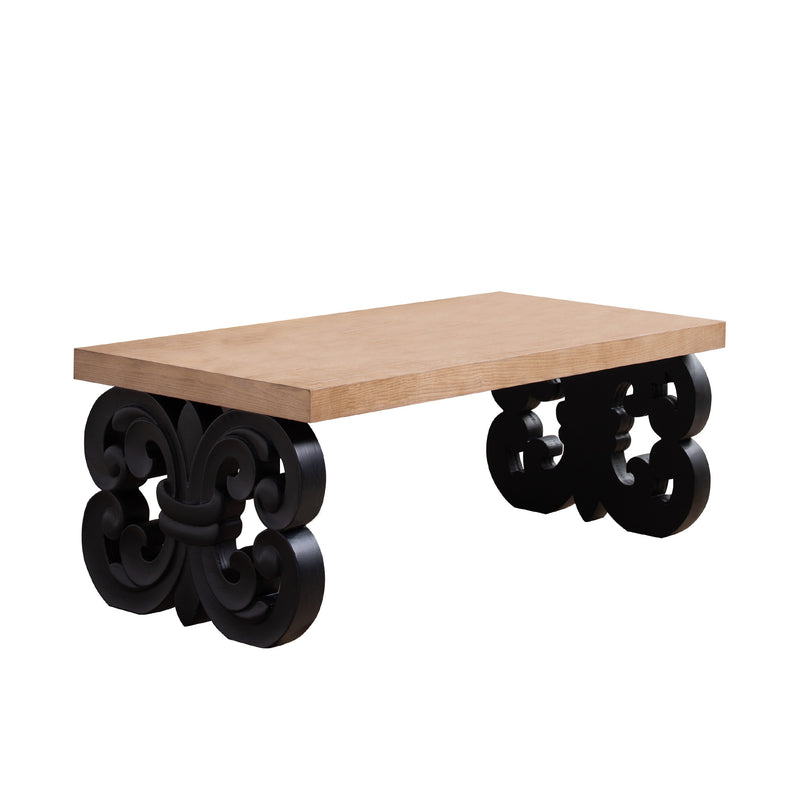 Black Scroll Base Coffee Table – 47' Rectangular Wood Living Room Table with Natural Top – Modern Farmhouse Accent Table – Elegant Centerpiece with Ornate Carved Design