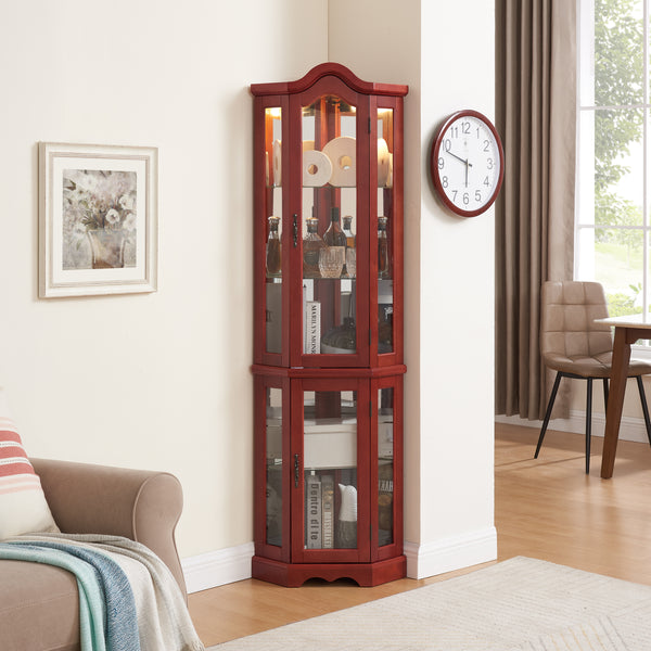 Lighted Corner Curio Cabinet with Tempered Glass Doors & Shelves - Elegant Cherry Display Case with Bulb for Living Room & Bedroom Décor- Cherry