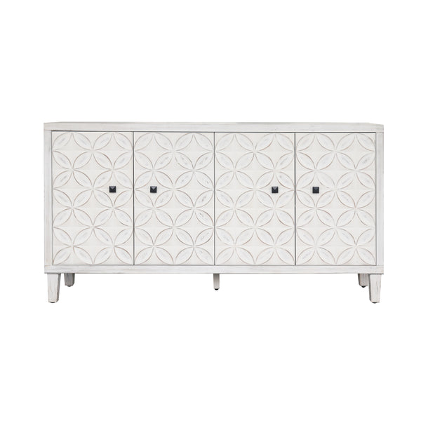 Shabby Chic Accent Cabinet with 4 Doors and Adjustable Shelves, White Washed, Solid Wood and MDF, 59.84 x 15.75 x 31.50 inches