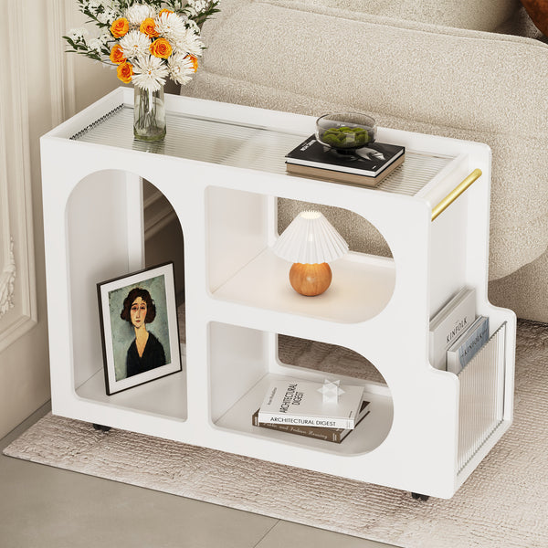 ON-TREND Mobile End Table with Lockable Wheels, Narrow Coffee Table with 5mm Thick Fluted Tempered Glass, Modern Nightstand with Golden Round Rod, Living Room, White, 31.5''W x11.8''D x 23.1''H