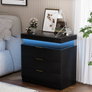 Nightstand with Charging Station and LED Lights,Night Stand with Sliding Top for Bedroom,Bedside Table with Drawers,Modern End Side Table,Black.28.8''W x 17''D x 30.5''H.