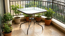 Tangkula 35 Inch Patio Dining Table with Tempered Glass Top, Square 4-Person Outdoor Bistro Table with 1.5' Umbrella Hole & Sturdy Metal Frame, Patio Dining Table for Backyard, Lawn, Deck & Poolside