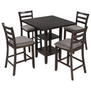 TREXM Wooden Counter Height Dining Set with Padded Chairs and Storage Shelving in Espresso Finish