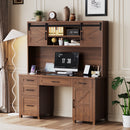 Farmhouse Executive Desk with Hutch and Charging Station, Computer Desk with 2 Sliding Barn Doors, 5 Drawers & Storage Cabinet with 3-Position Adjustable Shelf, Desk for Home Office, Bedroom, Walnut
