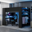 Full Size Wood Bunk Bed with height-adjustable Desk,Wardrobe,Ample Storage Space,and RGB Light, Blue(OLD SKU:LT000266AAC)