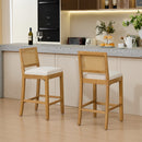 Full Solid Wood Rattan-Back Bar Stool, Matte Linen Cushion with High-Resilience Foam & S-Springs, Ideal for Rustic/Natural Style Kitchen Island, Low Bar in Dining Room & Café,Set of 2,Beige,SW1872BG