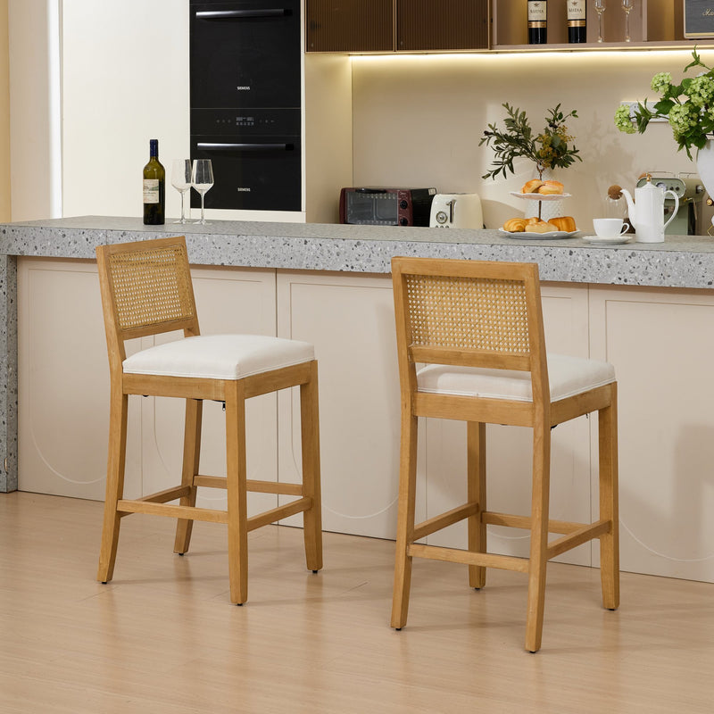 Full Solid Wood Rattan-Back Bar Stool, Matte Linen Cushion with High-Resilience Foam & S-Springs, Ideal for Rustic/Natural Style Kitchen Island, Low Bar in Dining Room & Café,Set of 2,Beige,SW1872BG
