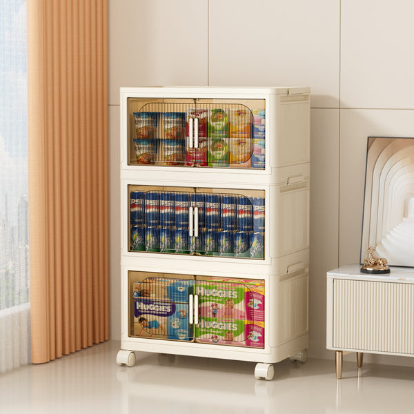 19.69' Side Wide Folding Storage Cabinet ,3 Tiers,19.69'×11.81'×31.1',Collapsible Storage Bins with Magnetic Door, Plastic Storage Cabinet with Wheels, Closet organizers and Storage Containers