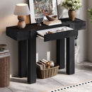 TREXM Rustic Minimalist Console Table with Hidden Drawer, Side Power Outlet,Wood Entryway Table for Entryways, Living Rooms and Home Offices(Black)