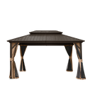10' x 12' Hardtop Gazebo Permanent Metal Gazebo with Galvanized Steel Double Roof, Curtains and Netting for Party, Wedding, Outdoor Dining, Patio, Backyard, Brown