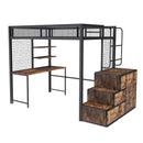 Heavy-Duty Full Loft Bed with Desk & USB Charging - Black Metal Frame with Storage Drawers and Staircase