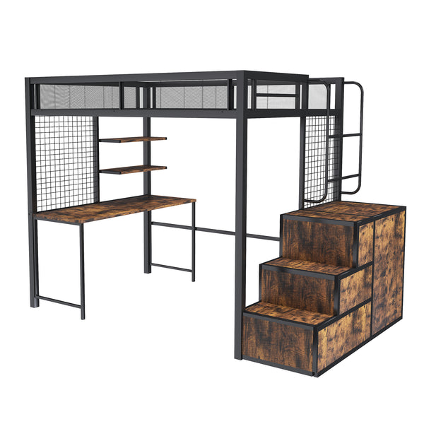 Heavy-Duty Full Loft Bed with Desk & USB Charging - Black Metal Frame with Storage Drawers and Staircase