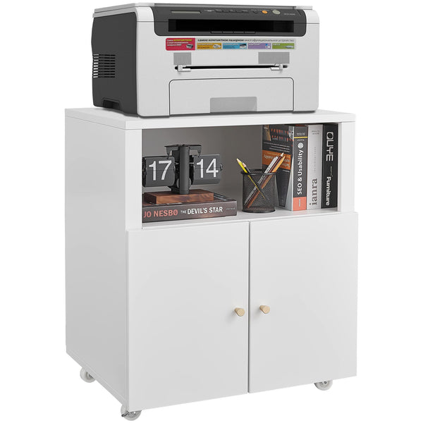 Mobile Printer Stand with Wheels and File Cabinet in White Metal, Adjustable Partition for Letter/Legal/A4 Files, 360° Rotating Locking Wheels