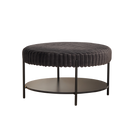 Charcoal Upholstered Round Ottoman Coffee Table Foot Rest with Black Metal Legs and Wooden Open Storage Shelf