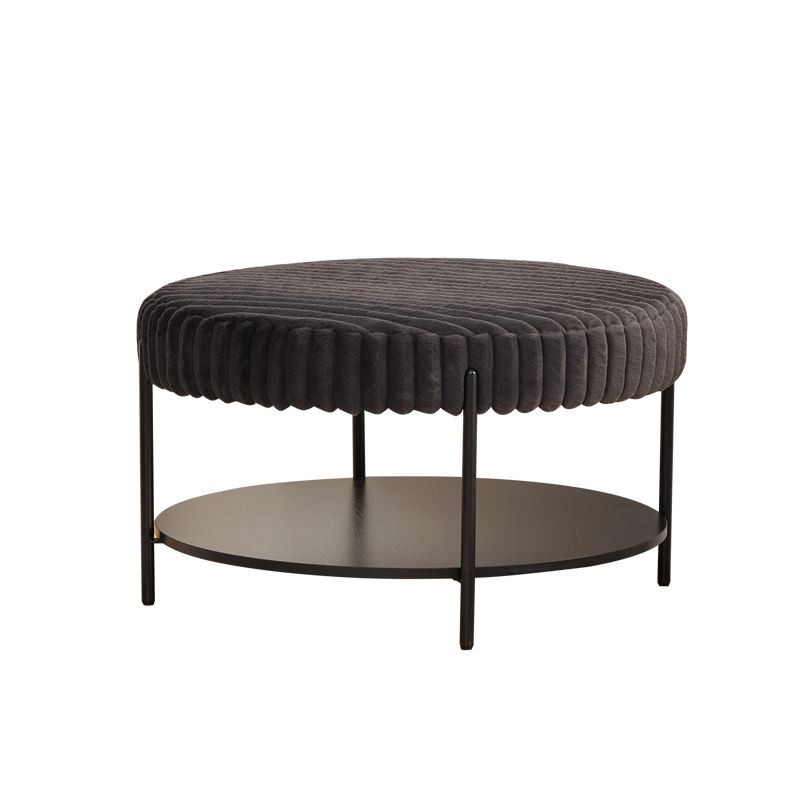 Charcoal Upholstered Round Ottoman Coffee Table Foot Rest with Black Metal Legs and Wooden Open Storage Shelf