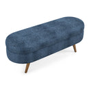 Modern Ottoman Oval Storage Bench with Rubber Wood Legs, Dark Blue Fabric, 43.5'x16'x16'