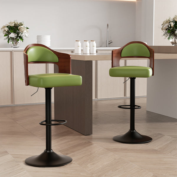 Swivel Bar Stools Set of 2 Seat Adjustable Height 24.5-33.5IN, Wooden Barstools PU Leather Upholstered Bar Chairs with Back & Footrest for Bar Kitchen Dining Room(Green)