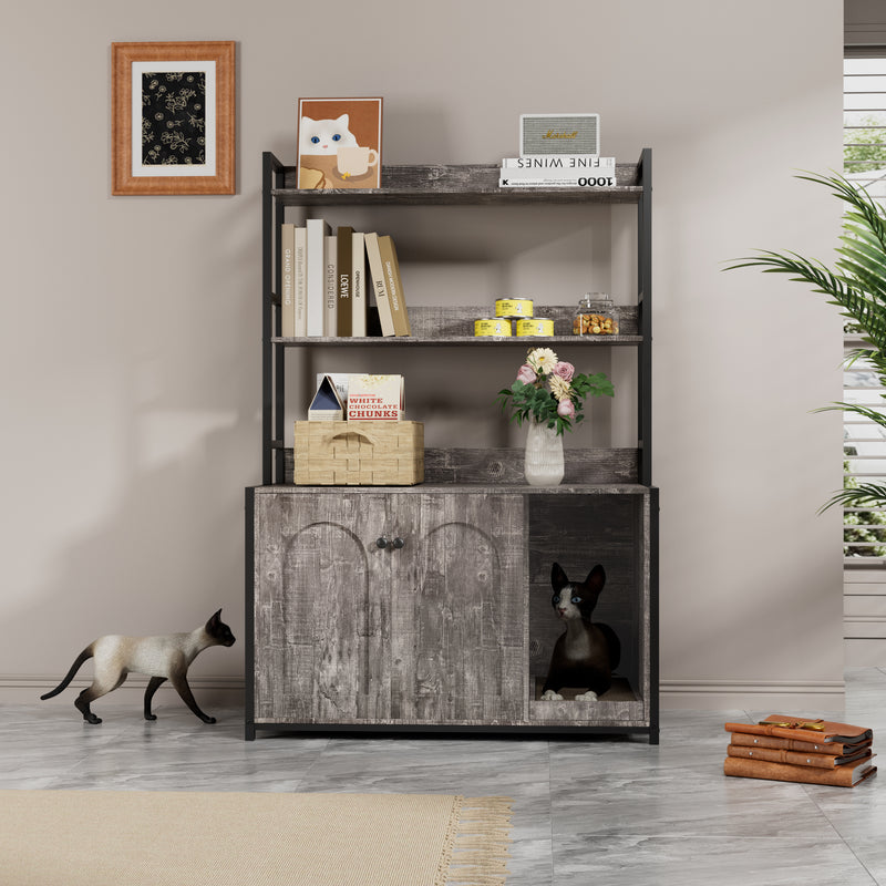 Large Cat Litter Box Enclosure With Shelf Storage, Hidden Cat Washroom Furniture, Wooden Cat House With Scratch Pad, Sturdy Indoor Cat Cabinet With 2 Doors(Grey)