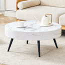 Modern 31.5' Round Coffee Table with White Marble-Patterned MDF and Black Metal Legs, Adjustable Feet.The three black conical table legs are distributed in a golden triangle.