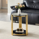 16.90 Inch Modern End Table, Bedside Table,Double-Layer Tempered Black Glass & Gold Stainless Steel Frame Living Room Table, Round Table,Easy Assembly.