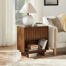 23.4' Mid Century Modern Grille Slat Nightstand with Hidden Charging Station USB Ports & Outlet Hole, Farmhouse End Table with Open Space and Drawer Dresser, Walnut