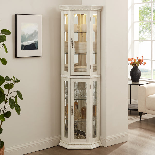 Lighted Corner Curio Cabinet - Glass Display Shelf with Tempered Glass Doors, Adjustable Shelving, and Included Bead Bulb - Ideal Bar Cabinet for Home Decor- WHITE