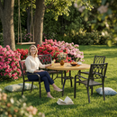 5-Piece Outdoor Patio Dining Set, 47' Round Wood-Grain Slat Table w/ Umbrella Hole + 4 Stacking Metal Chairs (350 lbs Capacity) ,Rustproof, Breathable Design, 30-Min Assembly, Patio, Garden, Balcony