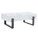 Minimalist MDF Marble-Patterned Coffee Table with Black Metal Legs, 47.2' x 23.6', White and Black