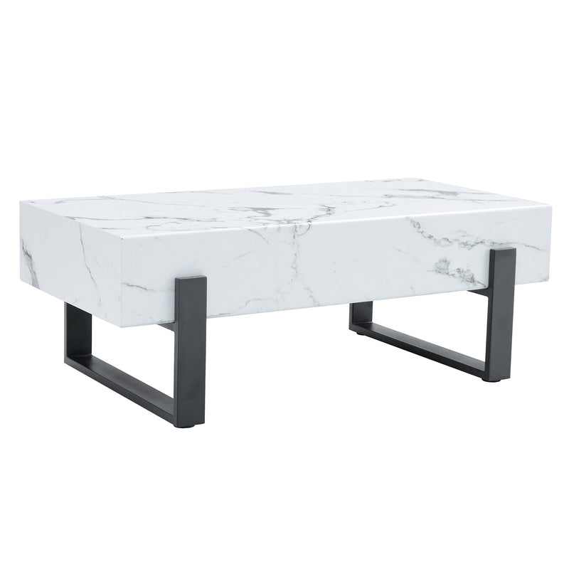 Minimalist MDF Marble-Patterned Coffee Table with Black Metal Legs, 47.2' x 23.6', White and Black