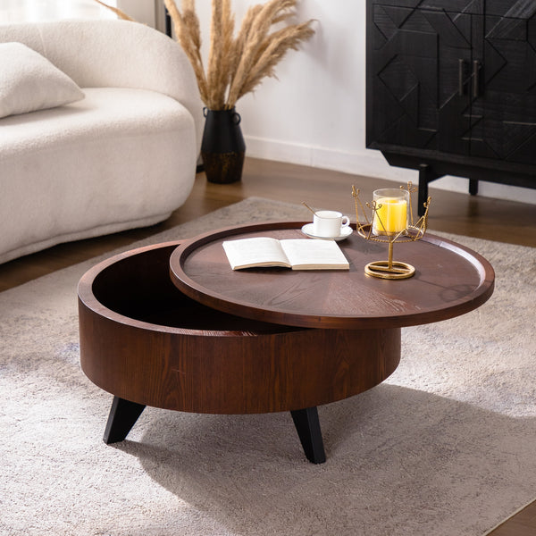 Round Coffee Table with Hidden Storage Removable Top,Modern Luxury Circle Drum Coffee Tables,Solid Wood Veneered Circle Center Table with Sturdy Pedestal for Living Room,Easy Assembly